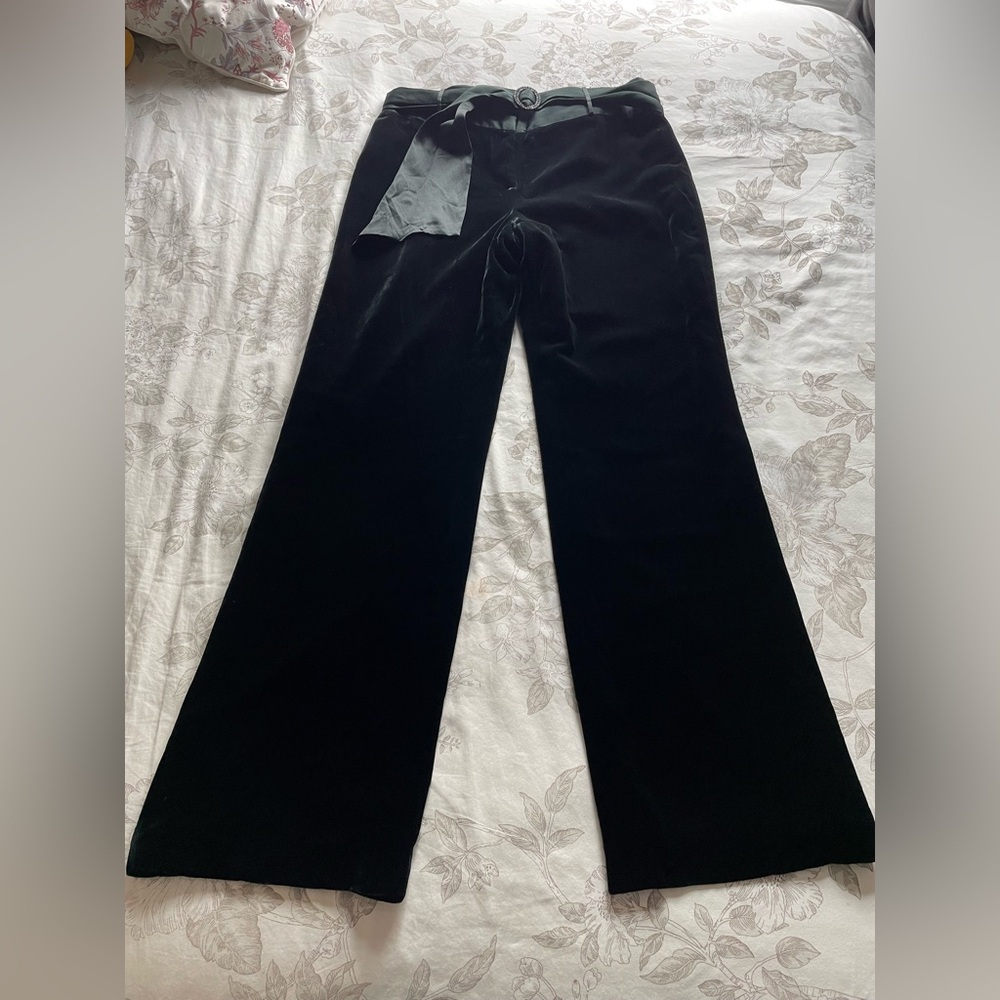 Ann Taylor Black Velvet Wide Leg Belted Trouser Pants 4 Petite Short Office Goth